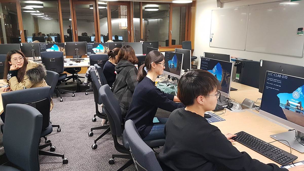 Étudiantes en train de travailler côte à côte dans une salle informatique universitaire